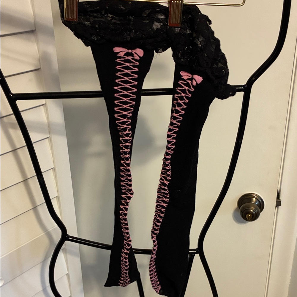 Black Stockings with Pink Lace-Up Detail